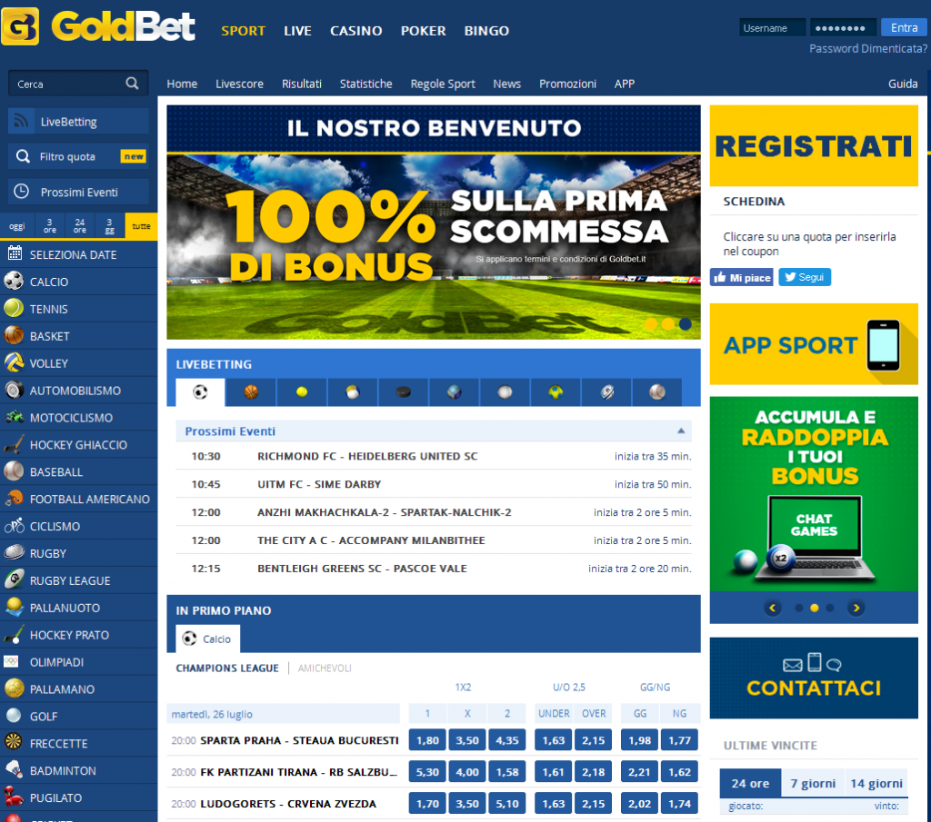 Goldbet: Accesso alla piattaforma di scommesse e gioco d'azzardo online